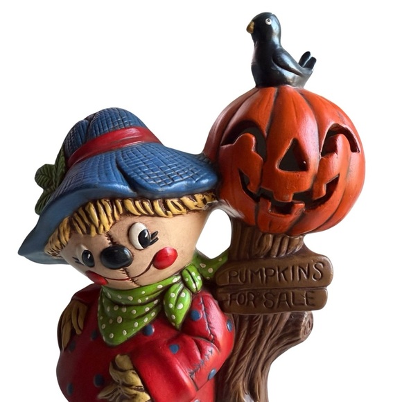 1980 Hand Painted SCARECROW WITH PUMPKINS Ceramic Tabletop Decor= 12" tall - Picture 3 of 16